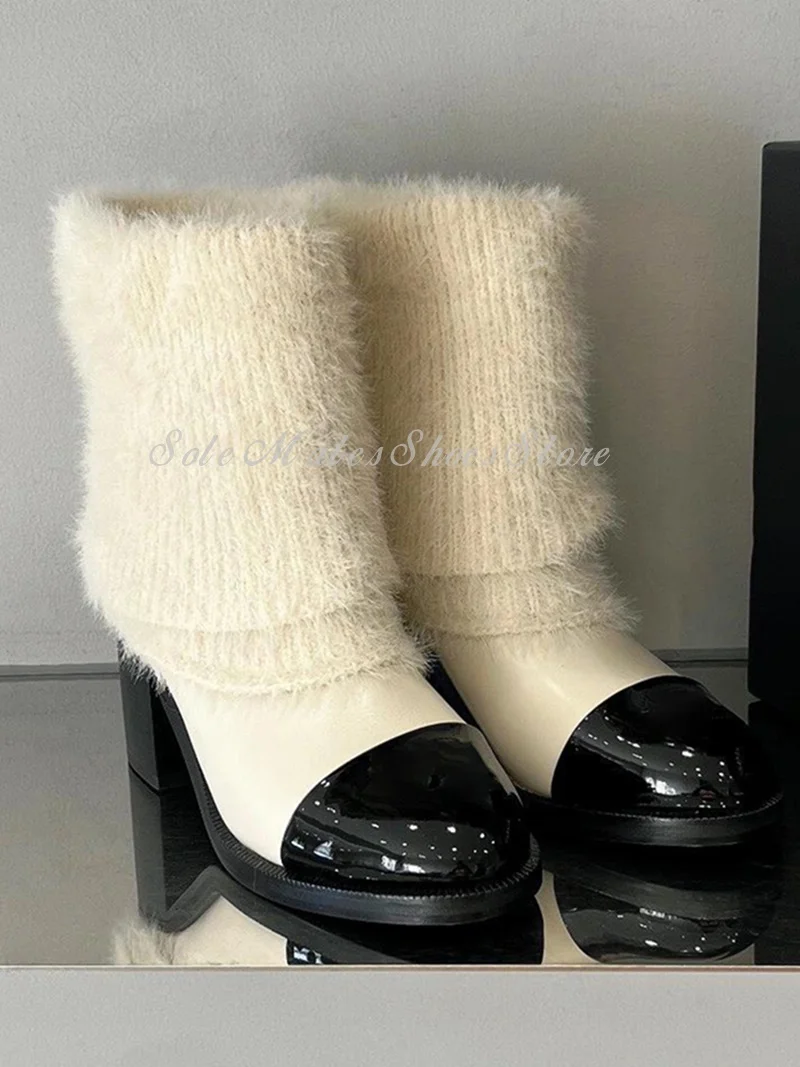 Botas modernas con costuras de punto blanco para mujer, botas coreanas de tacón alto grueso de cuero genuino, botas de nieve cómodas y cálidas a media pantorrilla