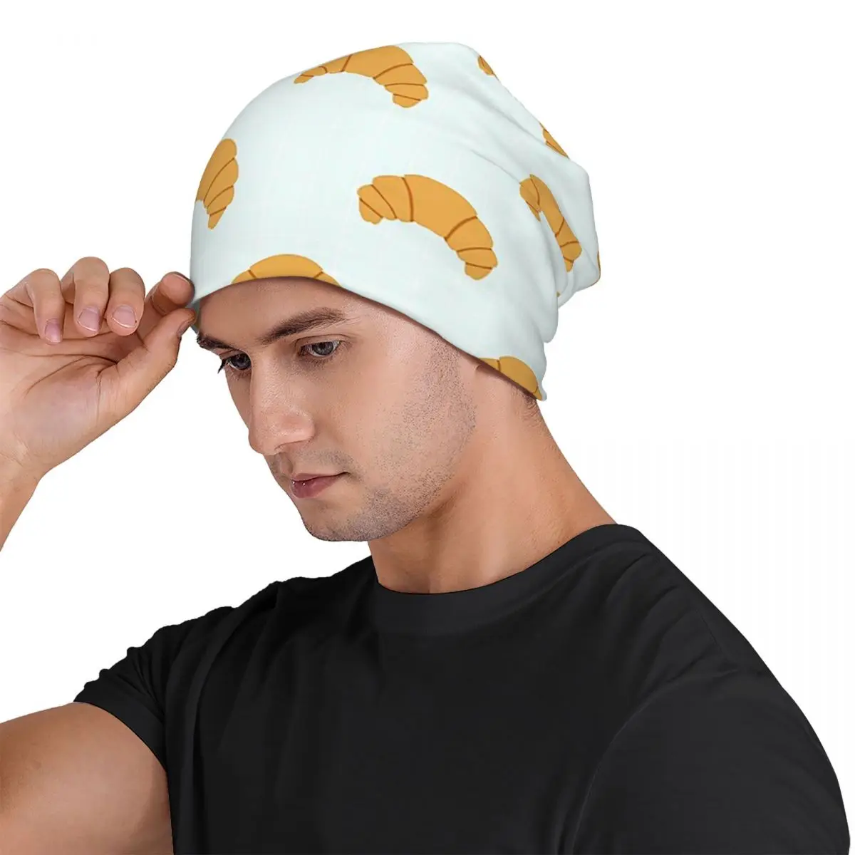 Cute Croissant Print On Blue Background Men Women Adult Beanies Caps Knitted Bonnet Hat Warm Fashion Autumn Winter Skullies Hats
