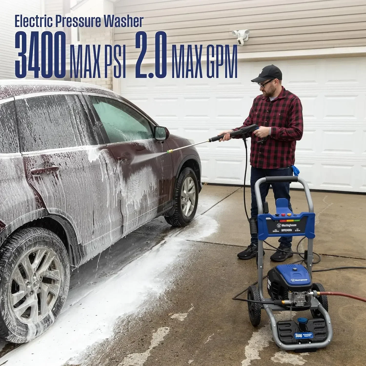 WPX3400e Electric Pressure Washer, 3400 Max PSI and 2.0 Max GPM, Brushless Motor, Onboard Soap Tank, Spray Gun and