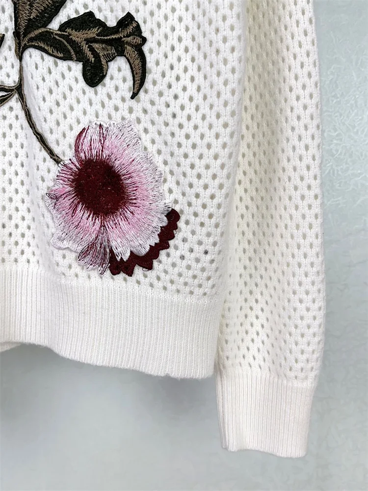 Jersey de punto con bordado de flores para mujer, suéter ahuecado con textura de punto, cuello redondo, versátil, principios de otoño