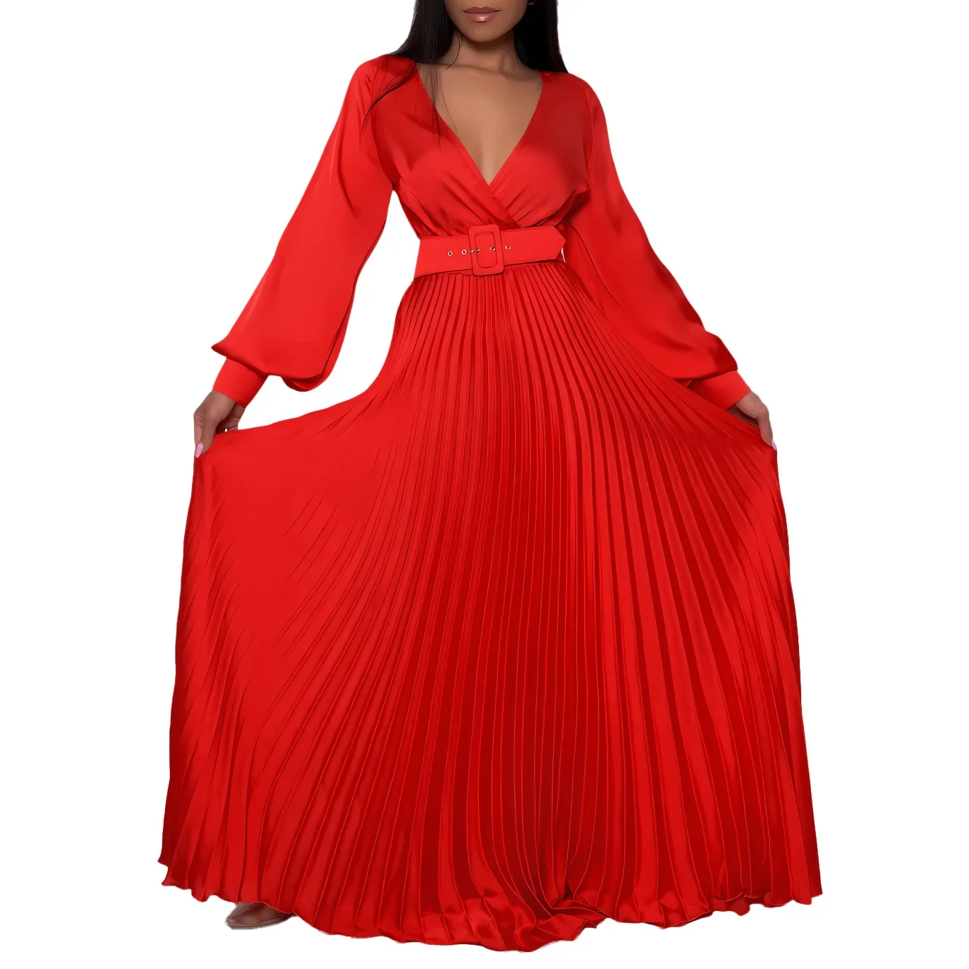 African Pleated Maxi Robe Femme V-neck Dresses for Women 2023 Autumn Long Sleeve Traditional Abaya Muslim Clothing With Belt