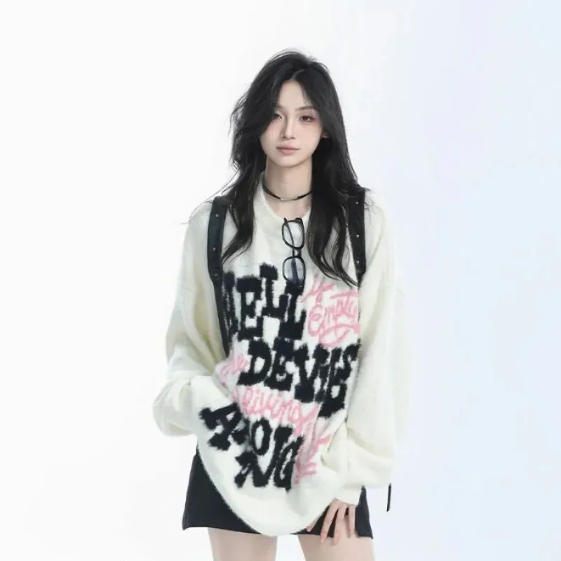 

American Fashion Vintage Letter Sweater for Women Autumn Winter Street Lazy Style Knitted Pullover Loose Long Sleeve Tops