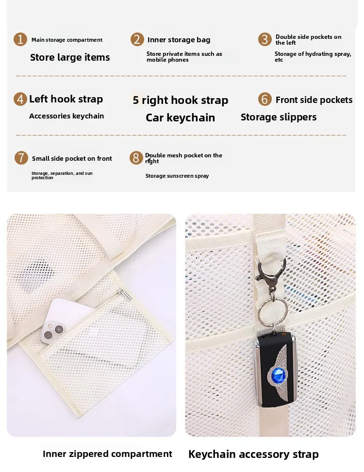 Atmungsaktive Mesh-Strandtasche mit mehreren Aufbewahrungstaschen, übergroße, schnell trocknende, wasserdichte Schultertasche für Sommersport im Freien – Detail 7