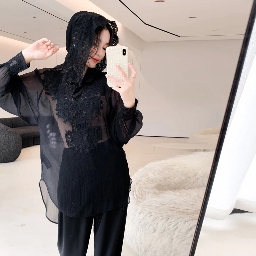 

Sensual See-tough Lace Long Sve Silk irt with Hat Vintage Charm 3D Lace Design Ele Bla True Silk Women's irt