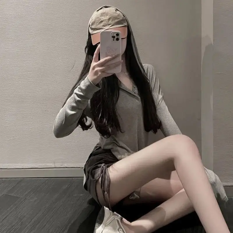 Pure Wind Hood Top Woman Summer Skinny Spice T-shirt Long Sleeve Sun Protection Shirt Thin Split Fashionable Casual