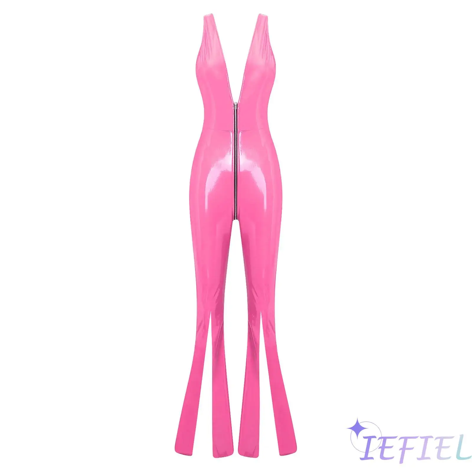 Womens Raves Party Jazz Disco Bodysuit Glossy PU Sleeveless Deep V Neck Backless Double Zipper Split Bell Bottom Romper Clubwear