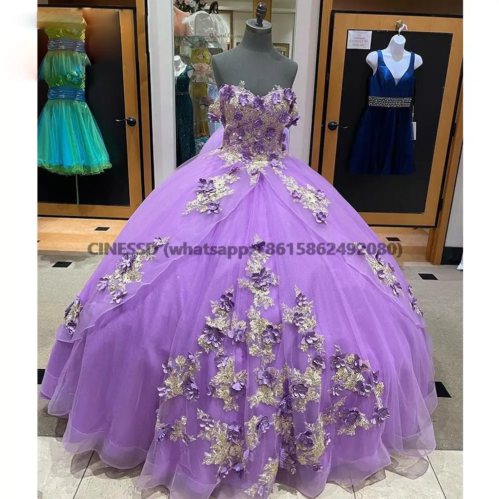 Лавандовая многоярусная юбка с открытыми плечами, платья для Quinceanera, бальное платье, кружевной корсет ручной работы с цветочной аппликацией для милых девушек 15