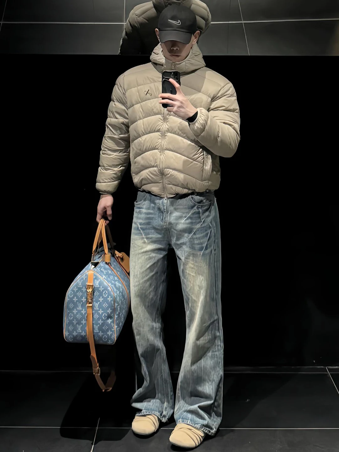 

Waed Blue Lightning Pattern Flared Jeans Men's Autumn Winter American High Street Vibe Casual Wide Leg Knife Pants