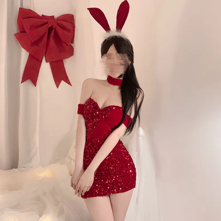 Erotic Girls Bunny Costume Red Velvet Sequin Strap Dress Rabbit Roleplay Exotic Set Christmas Santa Lingerie New Year Lover Gift