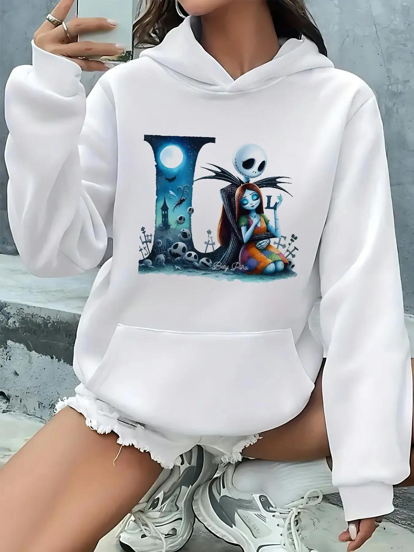 Nightmare Before Christmas Women's Hooded Sweatshirt - Tim -Inspired Jack Skellington & Sally Graphic, Cozy Fall & Winter
