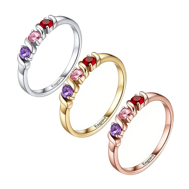 Personalized Names Ring with 1-5 Birthstones Silver/14K White Gold Plated Rings for Women Promise Ring Birthday Gifts for Mom