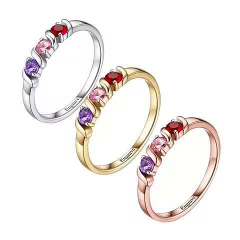 Personalized Names Ring with 1-5 Birthstones Silver/14K White Gold Plated Rings for Women Promise Ring Birthday Gifts for Mom