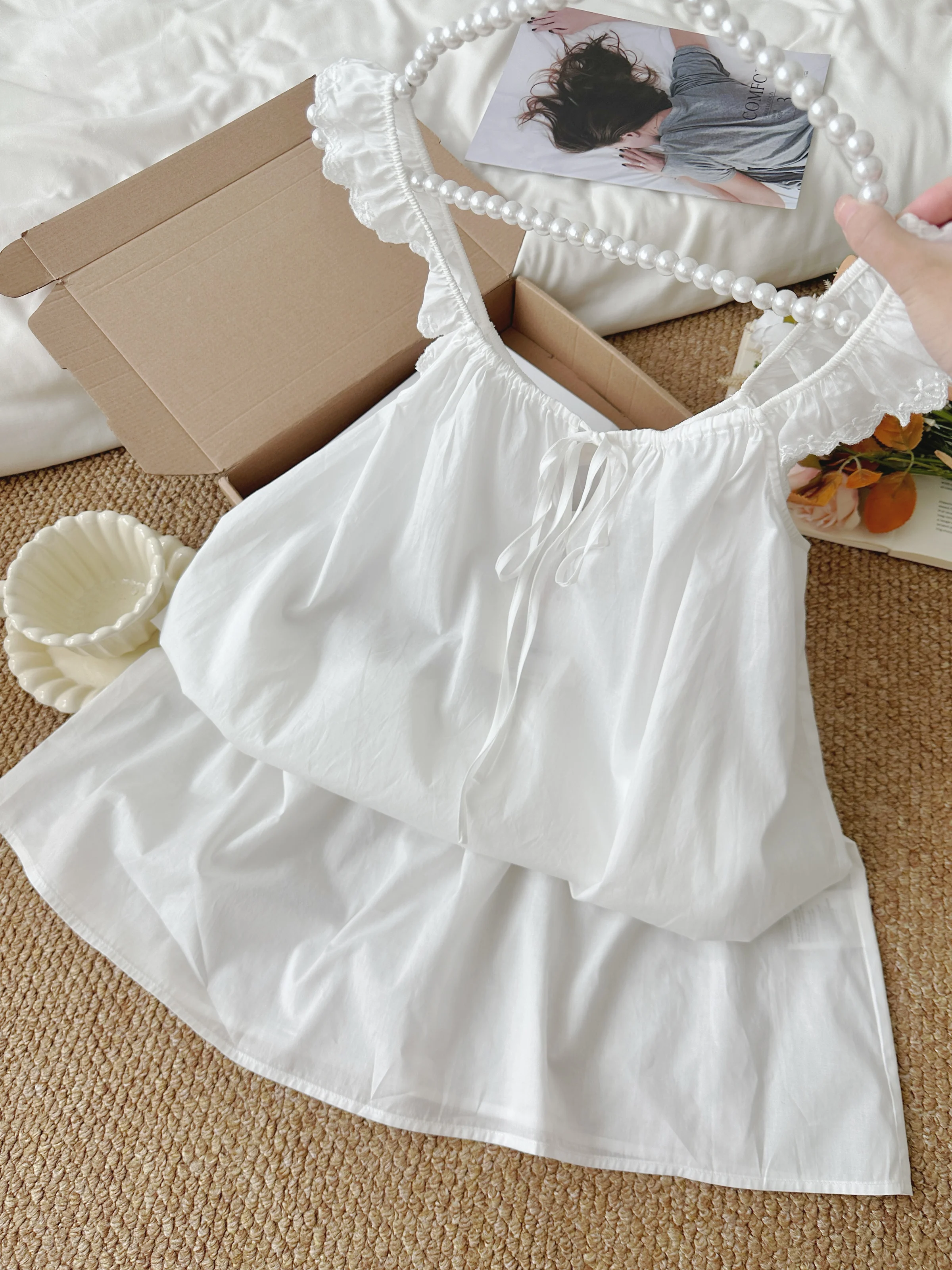 100% cotton summer simple white dress pajamas 2025 new sweet sister cute casual loungewear solid color suspender pajamas