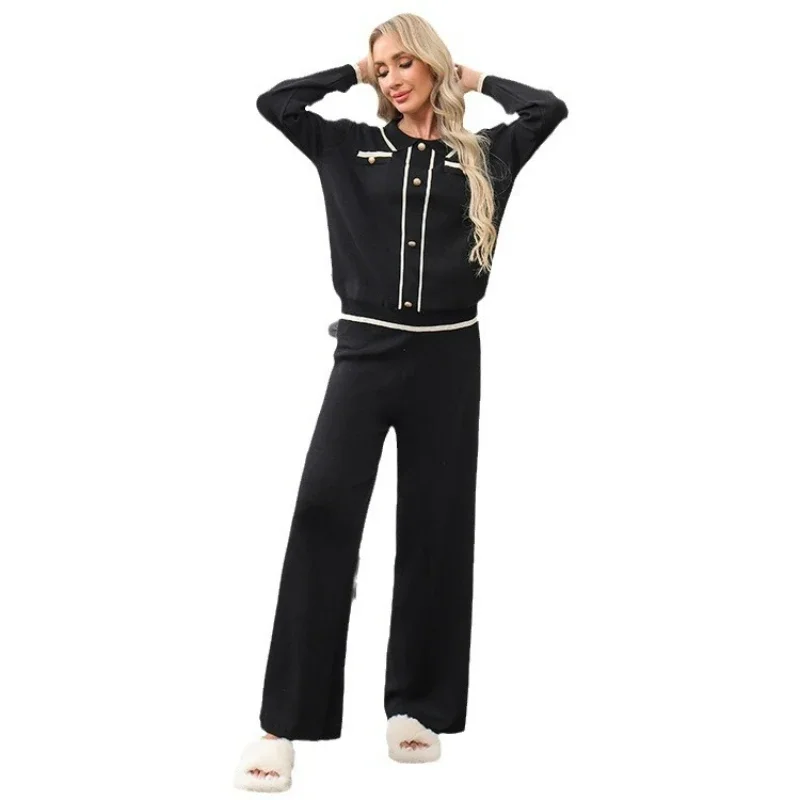 Women Pant Sets Knit Wide Leg Pants Loose Single Breasted Spliced Tops Full Sleeve Pullover Splice Elegant Lady Autumn Winter