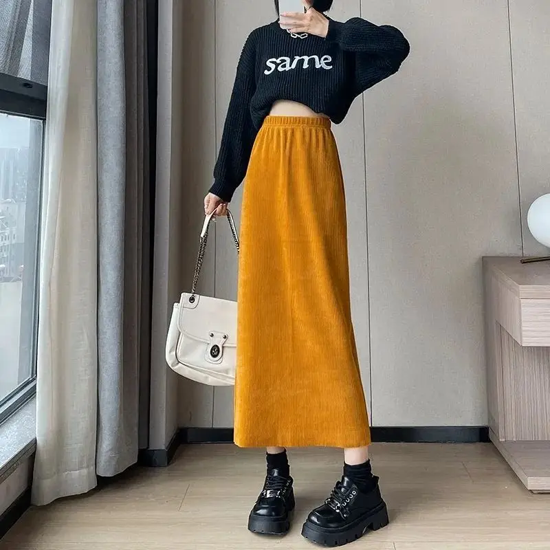 Temperament Elastic Waist Long High Waist Skirt Medium-Length Straight-Leg Skirt Side Slit Sweater Pairing Casual Female Tiered