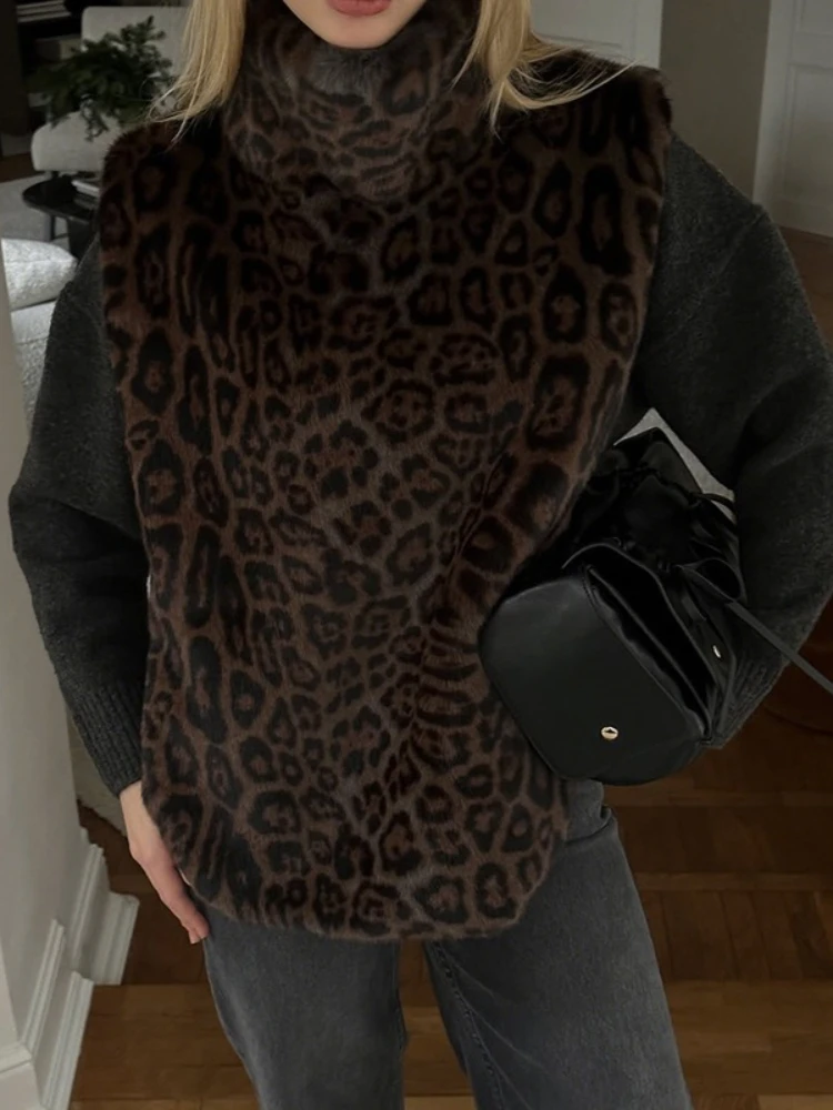 토시 패션 레오파드 프린팅 터틀넥 베스트 여성용 민소매 하이웨이스트 배색 스트리트웨어 크롭 탱크탑 베스트 신상품