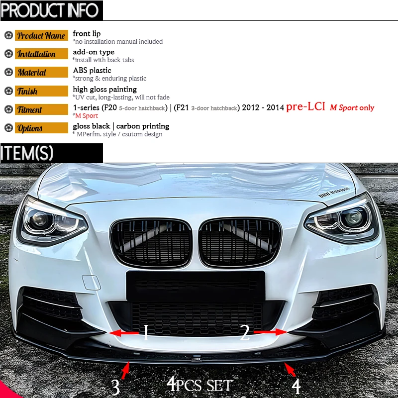 4PCS Gloss Black Carbon Printing Front Bumper Cupspoiler Lip for BMW 2012 - 2014 Pre-LCI F20 5-Door F21 3-Door Hatchback M Sport