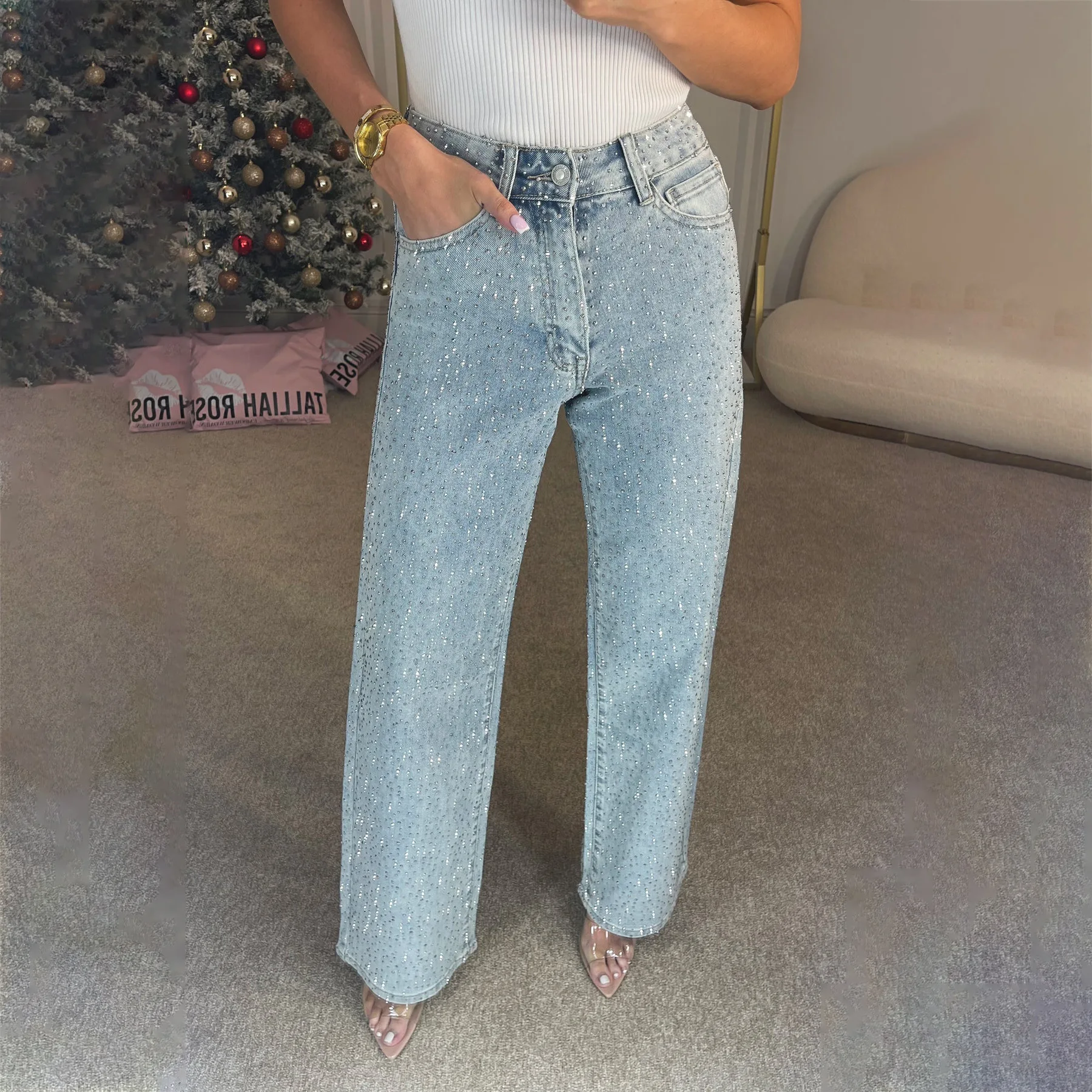 Gerade Jeans für Frauen Diamanten Hosen Stretch Hohe Taille Gewaschen Distressed Taschen Vintage Denims Streetwear Weibliche Hosen