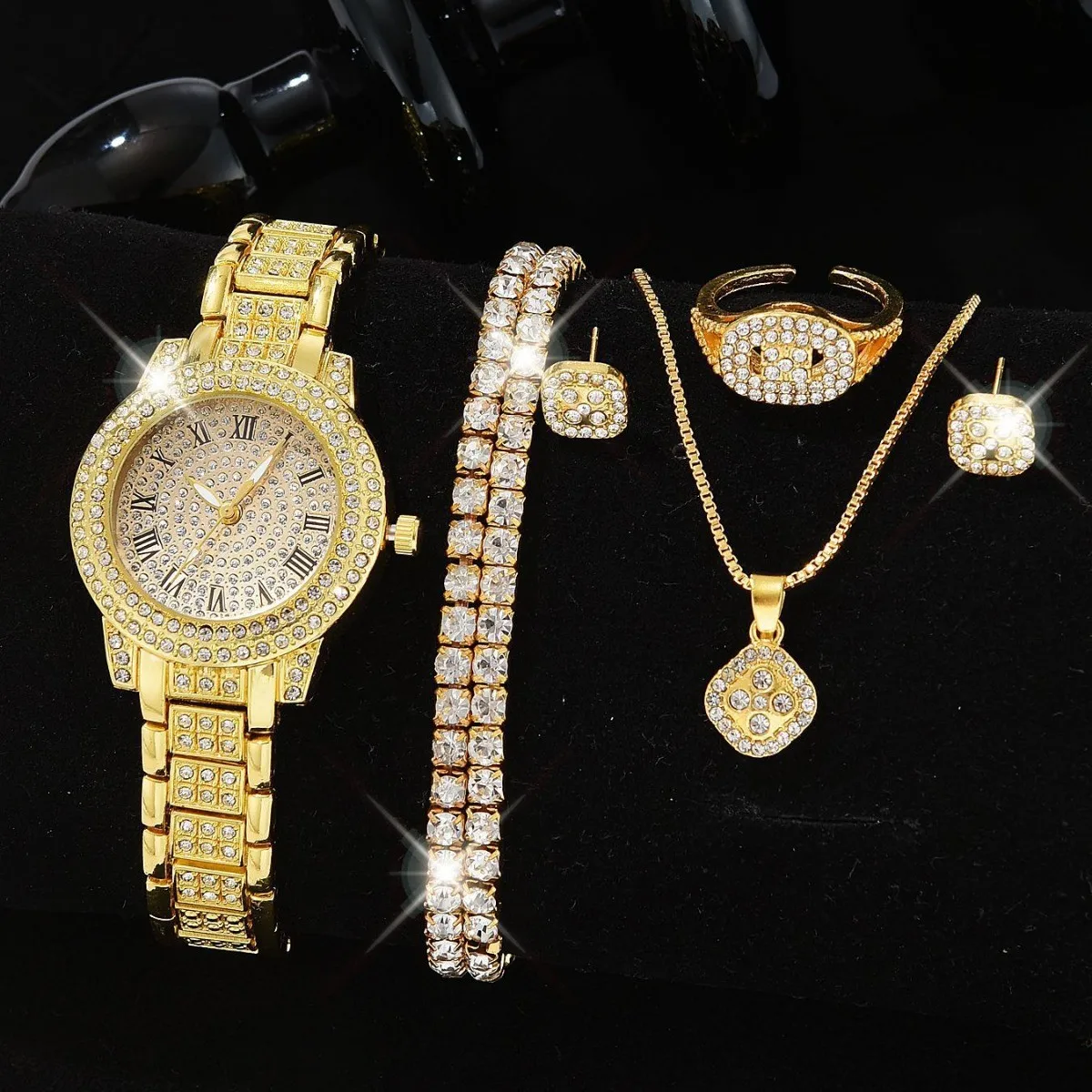 Luxury Women Quartz Watch with Diamonds Simple Stainless Steel Strap Clock Ring Necklace Earrings Rhinestone Set Reloj (no Box)