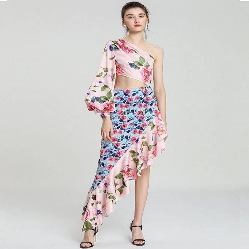 

Summer New Arrivals Women's Dress Fashion Asymmetric Strapless One-Sleeve Waist-Tied Floral Patchwork Skirt Two-piece set