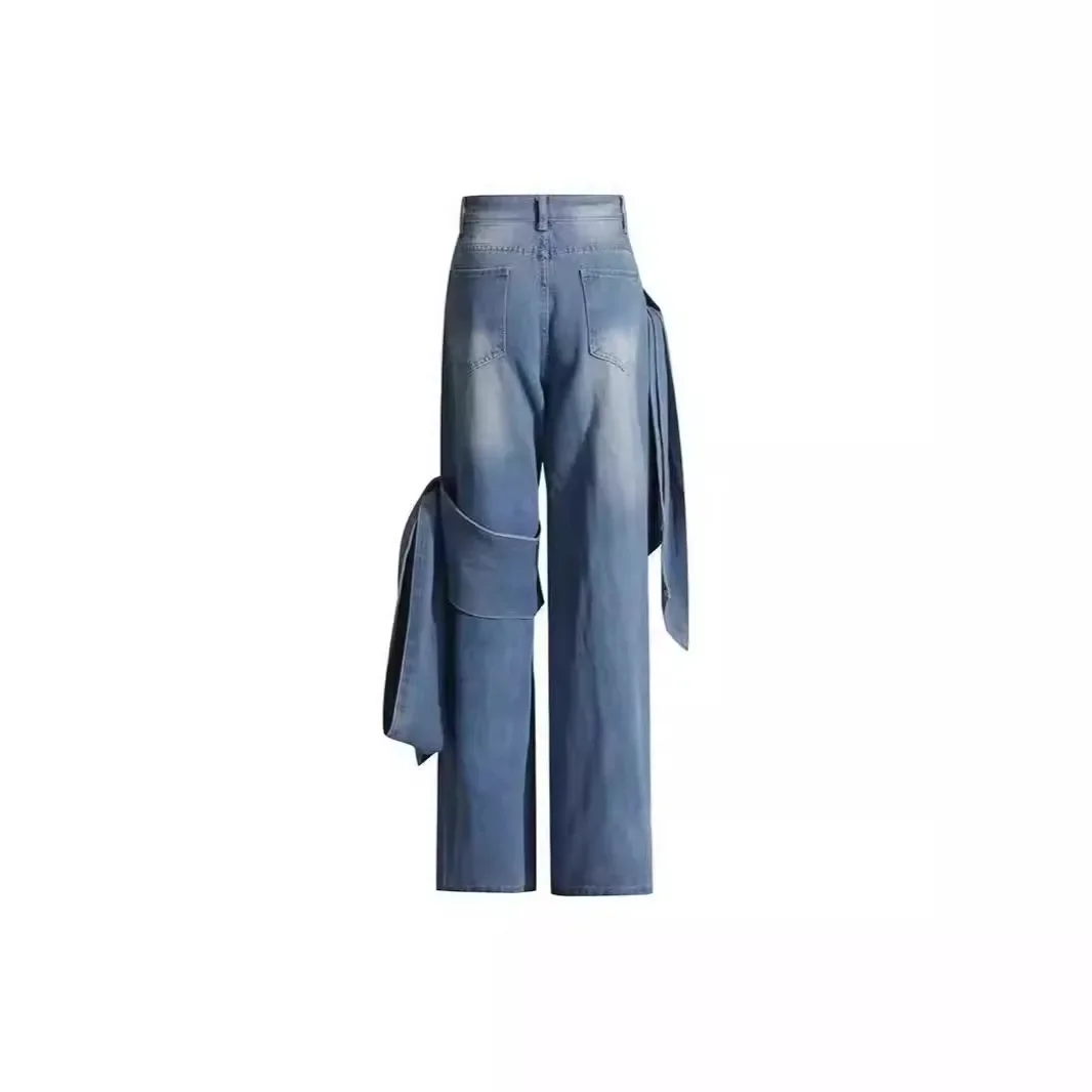 Europe and The United States New Spring Jeans Washed Make Old Patchwork Bow Wide Leg Pants Design Sense Long Jeans for Women