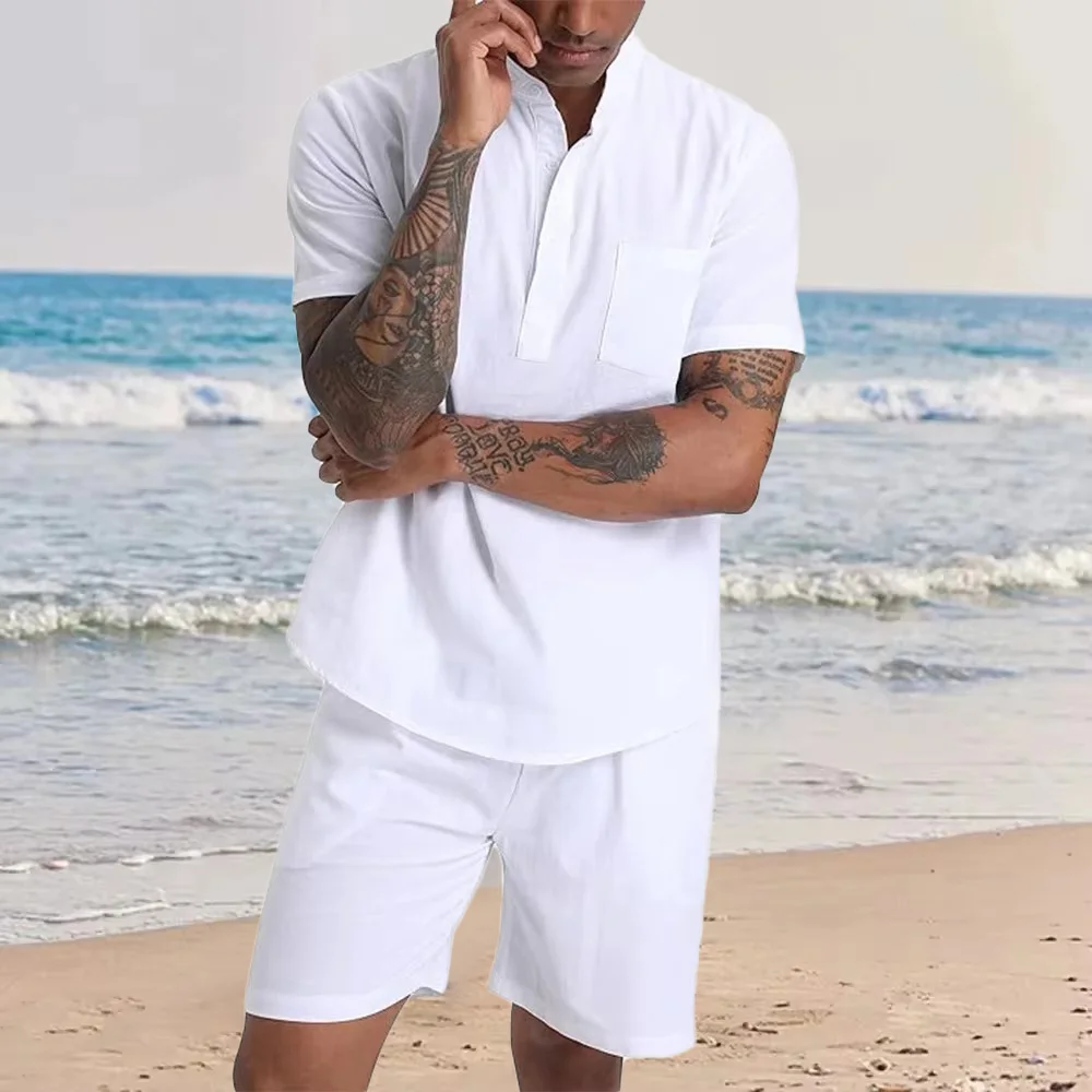 Men's 2 Pieces Cotton Linen Set Henley Shirts Shorts Outfits Beach Clothing Vacation Matching Suit Summer Male Breathable Set