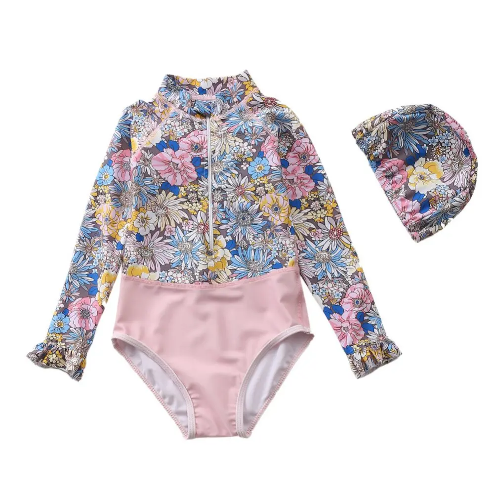 Floral Delight: Protect Your Little Ones with Long Sleeve Toddler Swimwear Set and UV Guard Cap