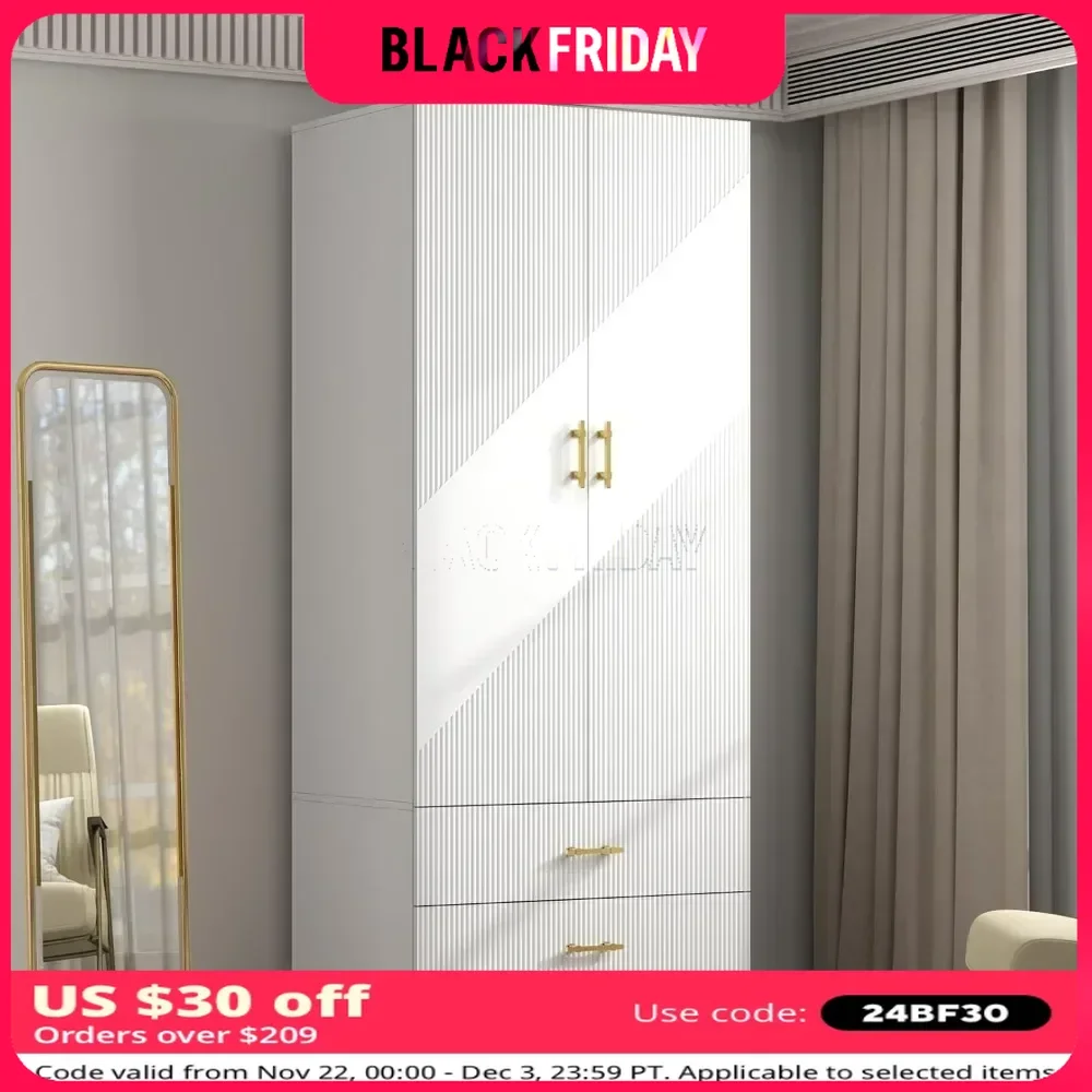 Wardrobe Armoire with 2 Doors, 2 Drawers and Hanging Rods, Twill Wood Closet Storage with Metal Cabinet Legs, White ,Wardrobes