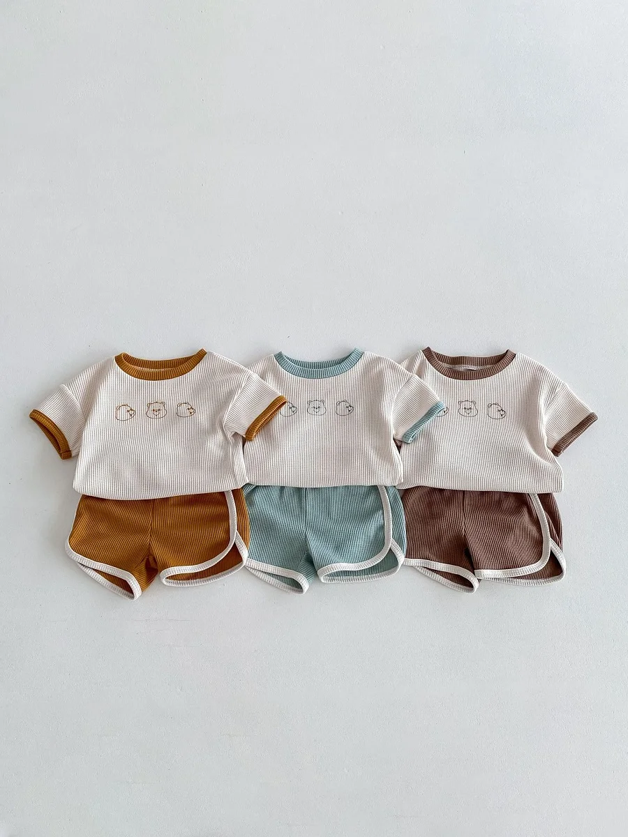 

2024 Summer Baby Shorts Set 0-3Years Toddler Kids Boy Girl Short Sleeve Bear T-shirt +Shorts Bottom 2PCS Waffle Pattern Clothes