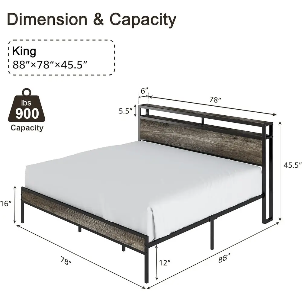 Struttura letto industriale con piattaforma king size grigia rustica con testiera portaoggetti incorporata a 2 livelli, stazione di ricarica e Desi silenzioso