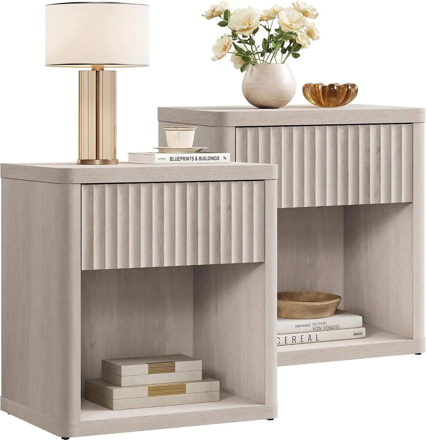 Set of 2 White Alder Fluted Nightstands with Drawer Storage, Wide Side End Table for Bedroom, Living Room and Office