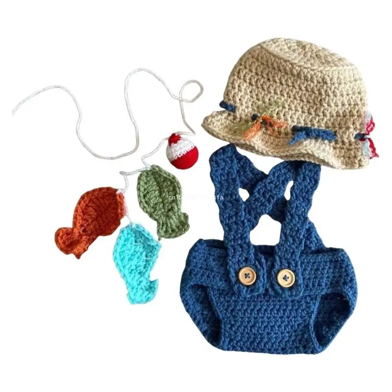 Baby Knitted Hat Romper Fisherman Outfit Set Photo Clothes Photography Props Infant Photo Costume Clothing Dropship