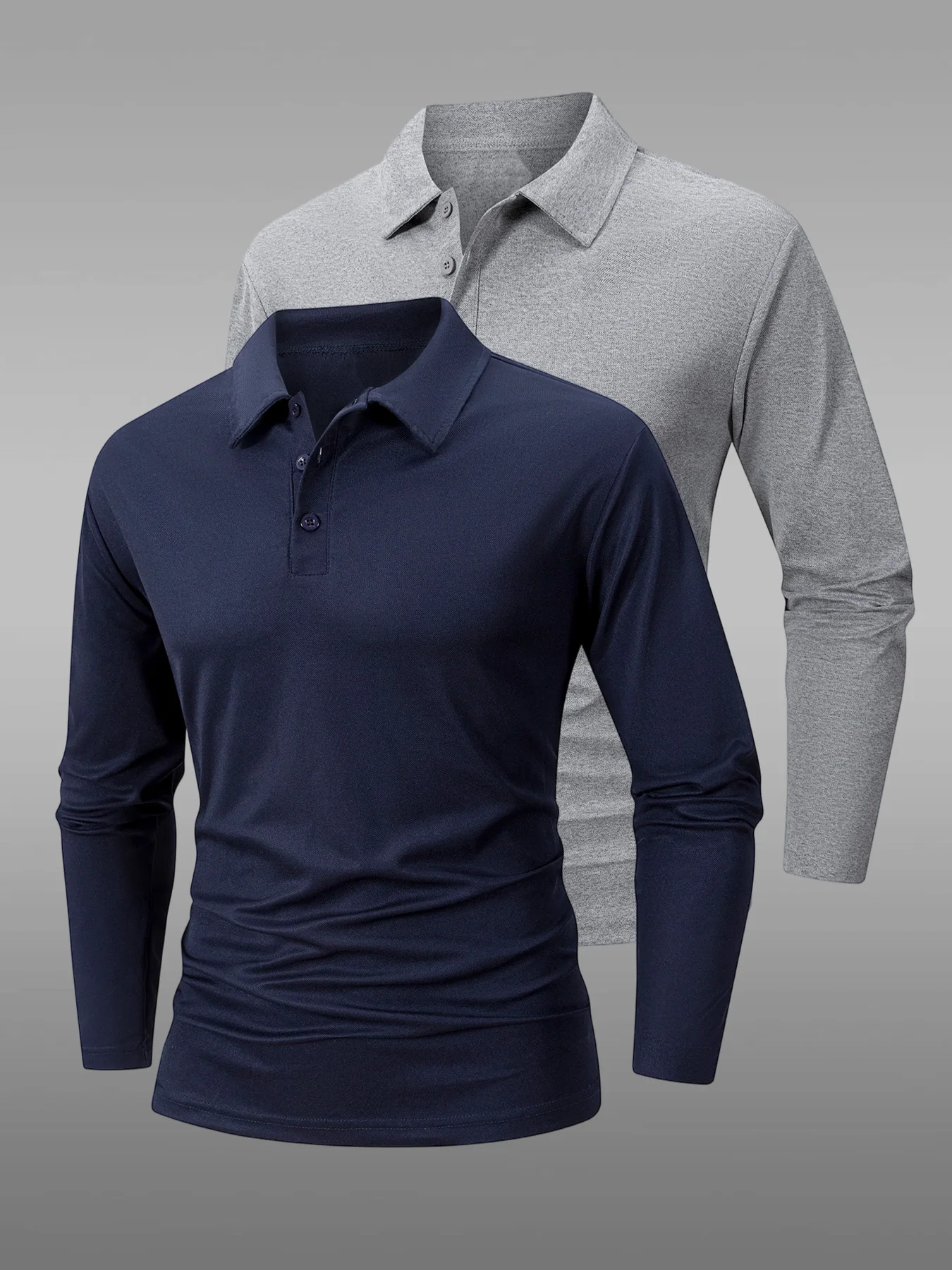 2 Pack Mens Long Sleeve Polo Top Classic Lapel 3 Buttons Design Quick Dry Breathable Knit Shirts Business Casual Daily Wear Tees