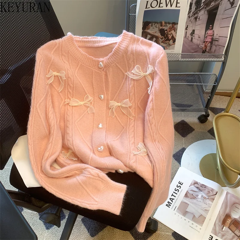 Yellow Bow Sweater Women Vintage 2024 Spring Autumn O-Neck Long Sleeve Knitted Cardigan Coat Korean Fashion Female Knitwear Tops