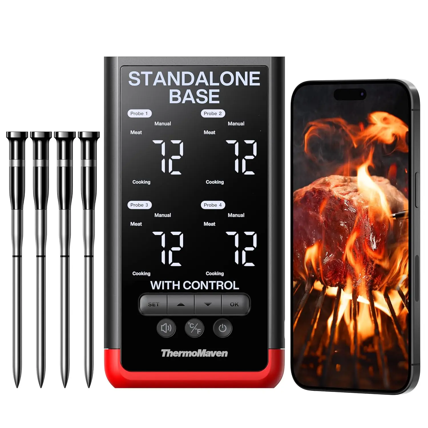 4-Probe Wireless Bluetooth Smart Meat Thermometer: Standalone Base, WiFi Unlimited Range, 6 Sensors with NIST Certified Accuracy