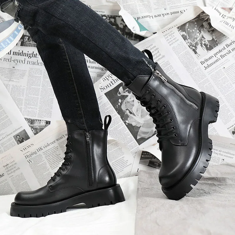 2024 Autumn Winter Shoes Men Leather Boots Thick Sole Non-slip Warm Plush Cold Winter Cow Leather Male Ankle Botas Black KA4867