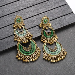 Ethnic Turkish Green Long Dangle Earrings for Women Gold Color Charm Drip Oil Pendant Earrings Jewelry Female Party Wedding Gift