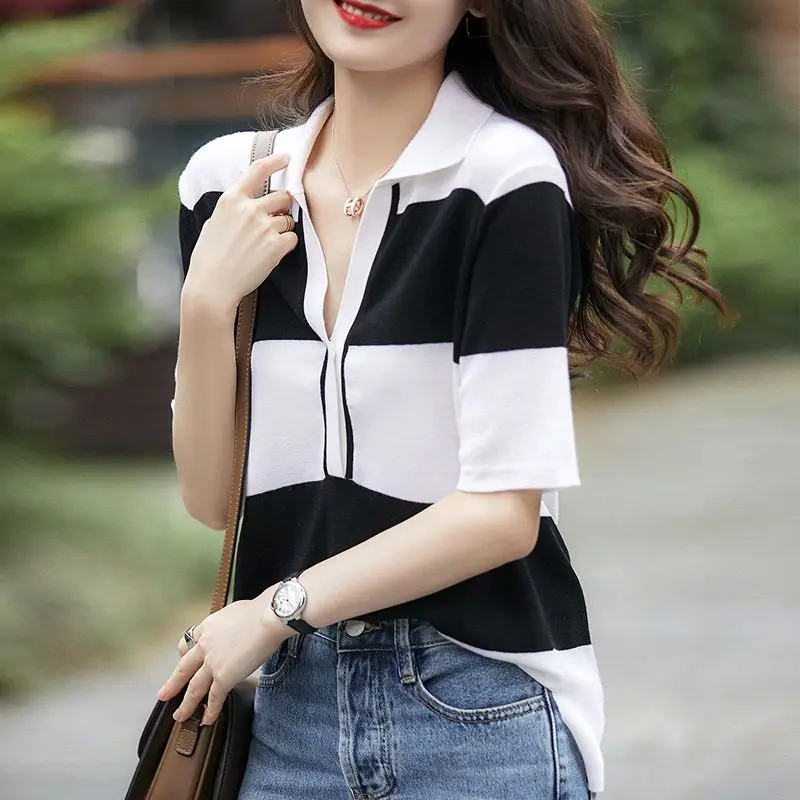 Temperament Sweet SummerT-Shirts Women's POLO Collar Striped Contrast Color Patchwork Fashion Casual Loose Short Sleeve Knit Top image 4