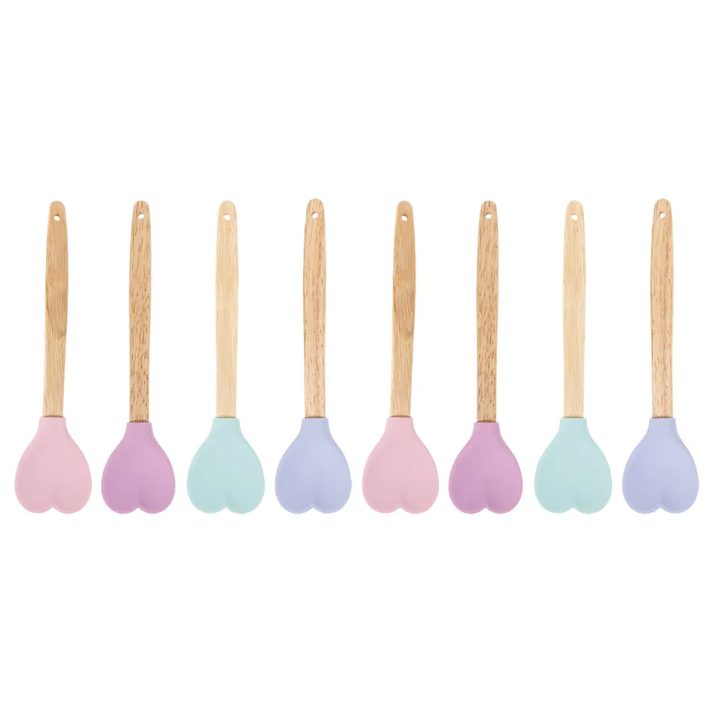 

8 Pcs Wooden Handle Silicone Stirring Spoon Spoons Silica Gel Heart Shape Kitchen
