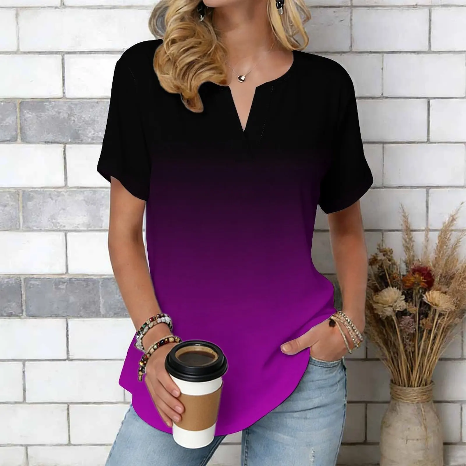 Women Print Notched V Neck Short Sleeve Casual Loose Tunic Tops