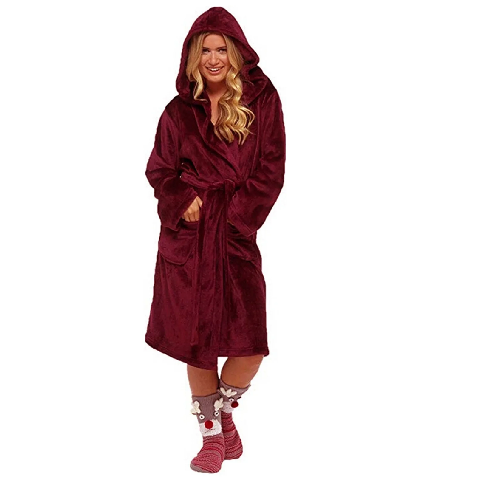 Women Winter Flannel Robe Plush Lengthened Shawl Bathrobe Home Clothes Long Plush Pajamas Thicken Warm Fleece Hooded Sleepwear