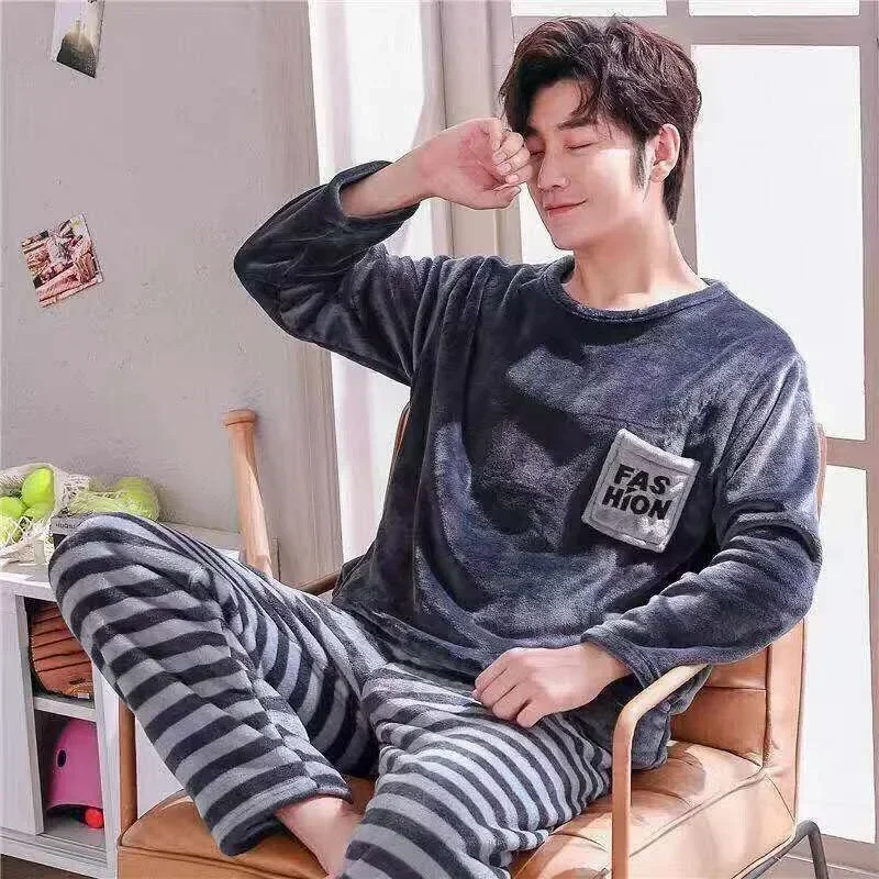 Set Coral Thickened Flannel Winter Sleepwear Sets Sleeve Pajamas Warm Cartoon Nightwear Lounge Fleece Men For Men's Long