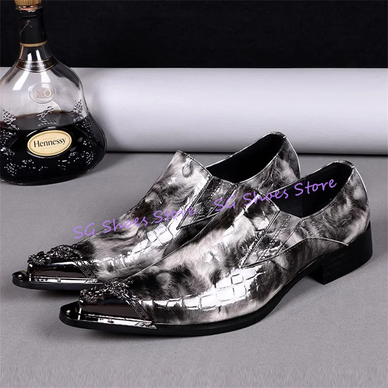 

Retro Ink Prints Snakeskin Pattern Loafers for Men Metal Pointed Toe Chunky Heel Shallow Derby Shoes Male Business Dress Oxfrds