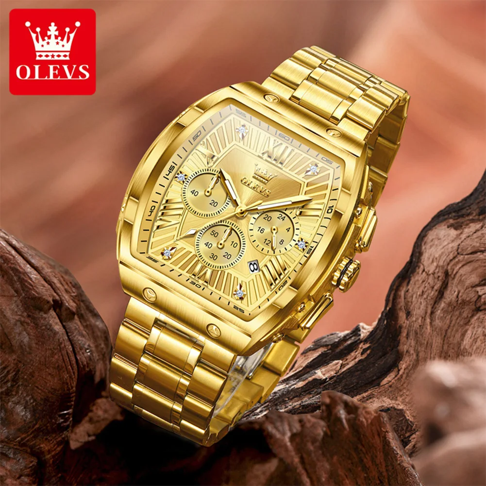 OLEVS 5639 New Men Watch Luxury Original Tonneau Watch Waterproof Luminous Automatic Date Chronograph Gold Men Quartz Watch