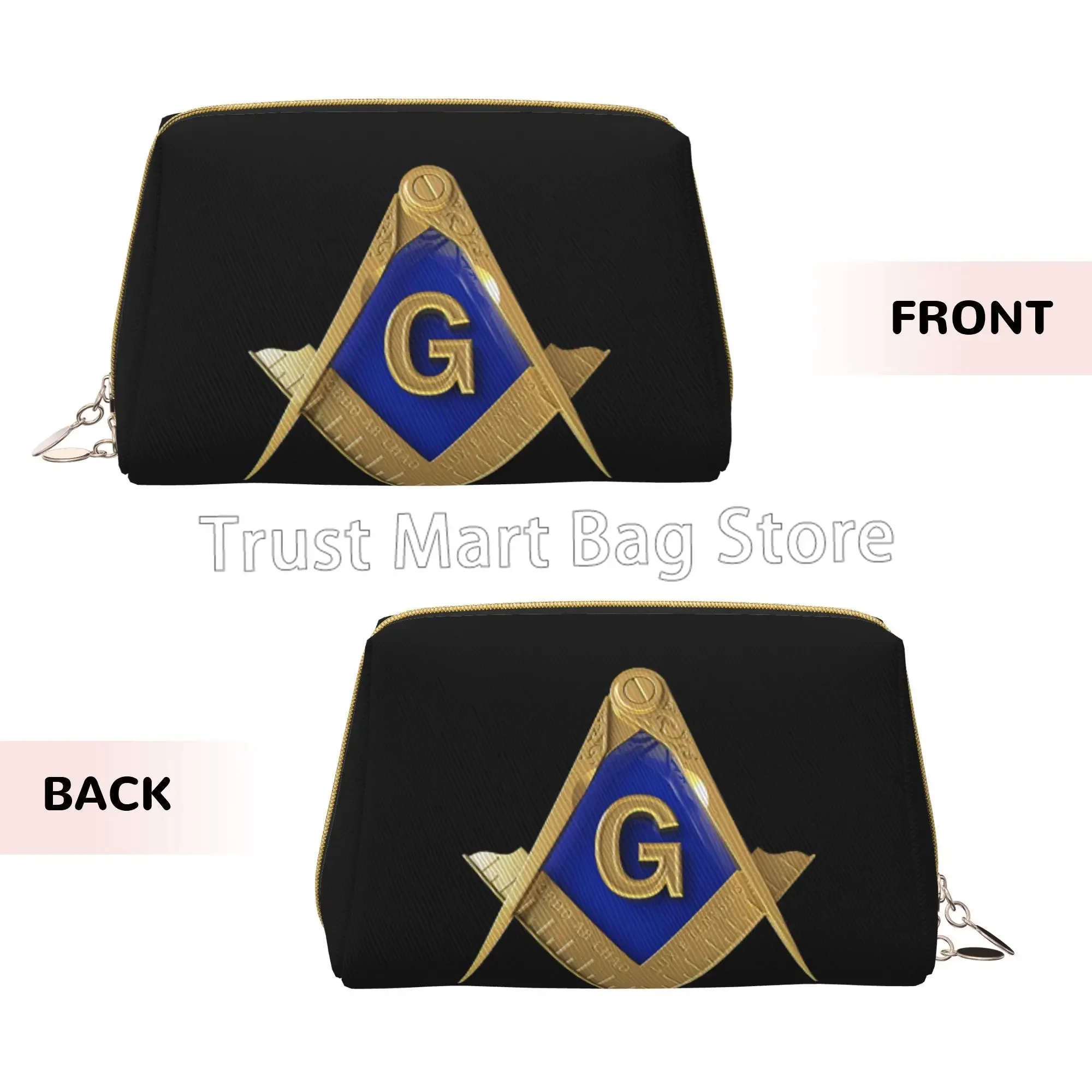 Freemason Pattern Classic Square And Compass Masonic Print Makeup Bag Leather Travel Cosmetic Bag Large Capacity Toiletries Bags