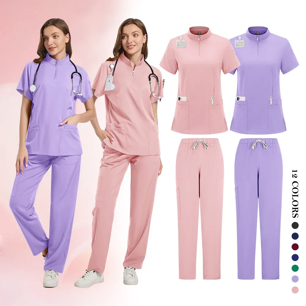 Women's Nurse Shirt Frosted set Stylish zipper plus size care shirt Beautiful solid color overalls frosted top and pants