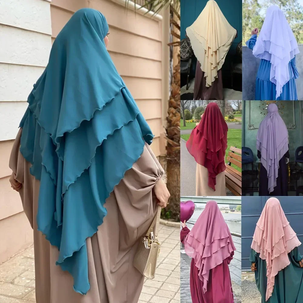 

Three Layer Long Khimar Muslim Abaya Ramadan Prayer Garment Hijab Women Niqab Burka Islamic Turkey Eid Caftan Clothing Headscarf