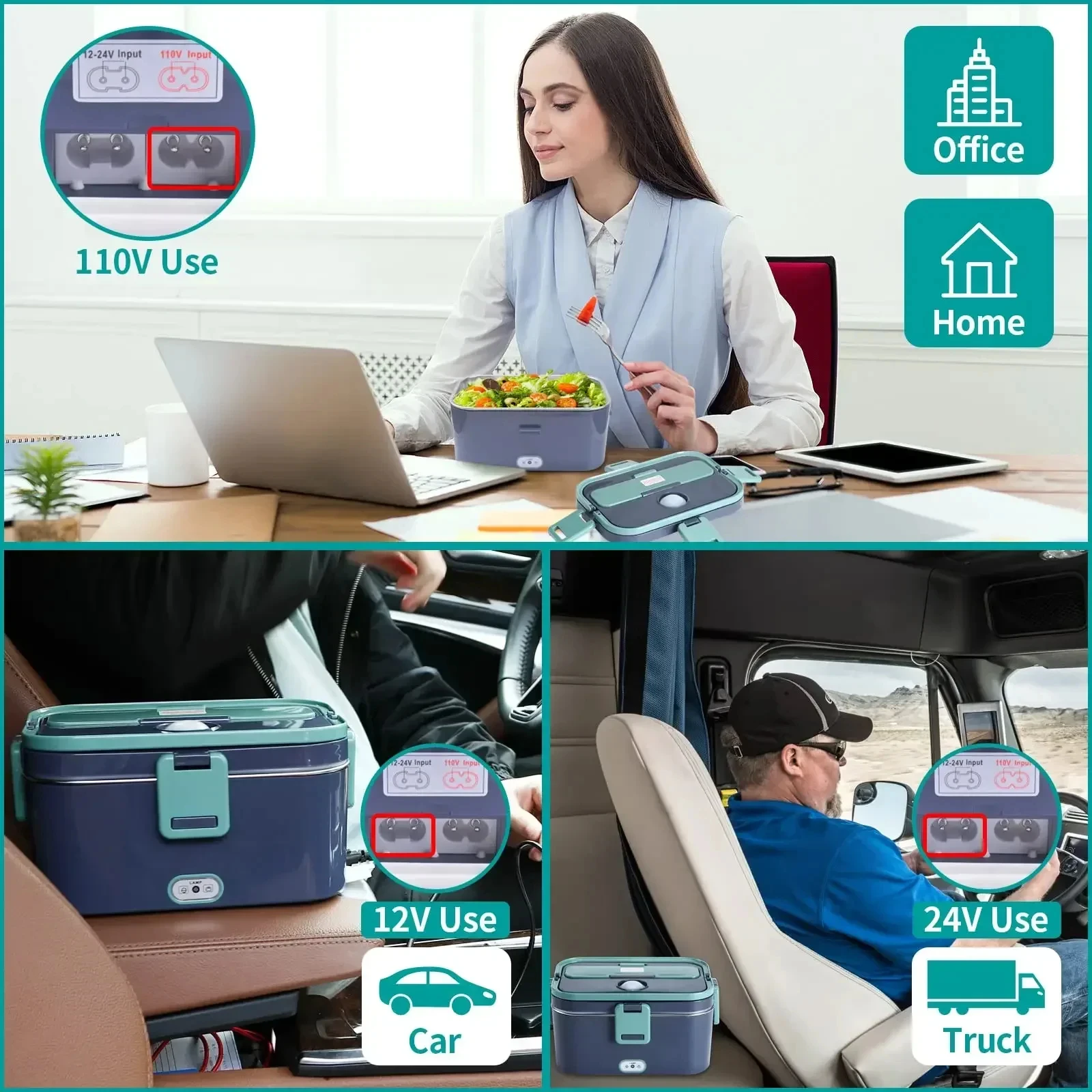 Lunch Box 60W Food Heated 12V-24V 2-In-1 Portable Food Warmer Heater for Car/Truck/ Self Heating Box