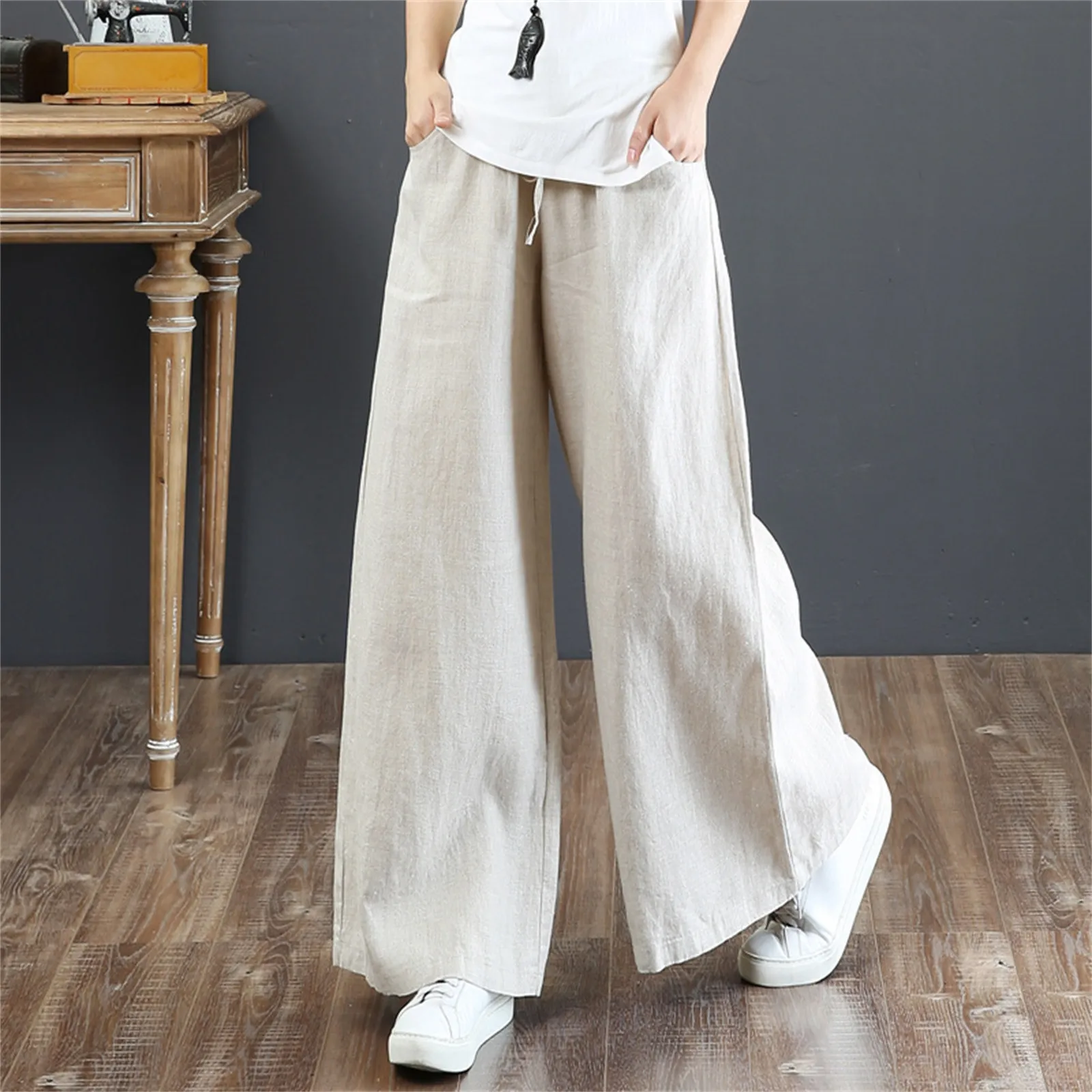 

Casual White Pants Solid Color Drawstring Ladies Long Pants 2024 Summer Female Wide Leg Trousers Full Length