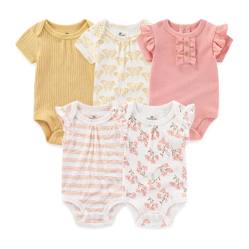 5 Pcs/Lot Cute Baby Girl Bodysuits 100%Cotton Newborn Onesies Flying Sleeves Girl Clothes